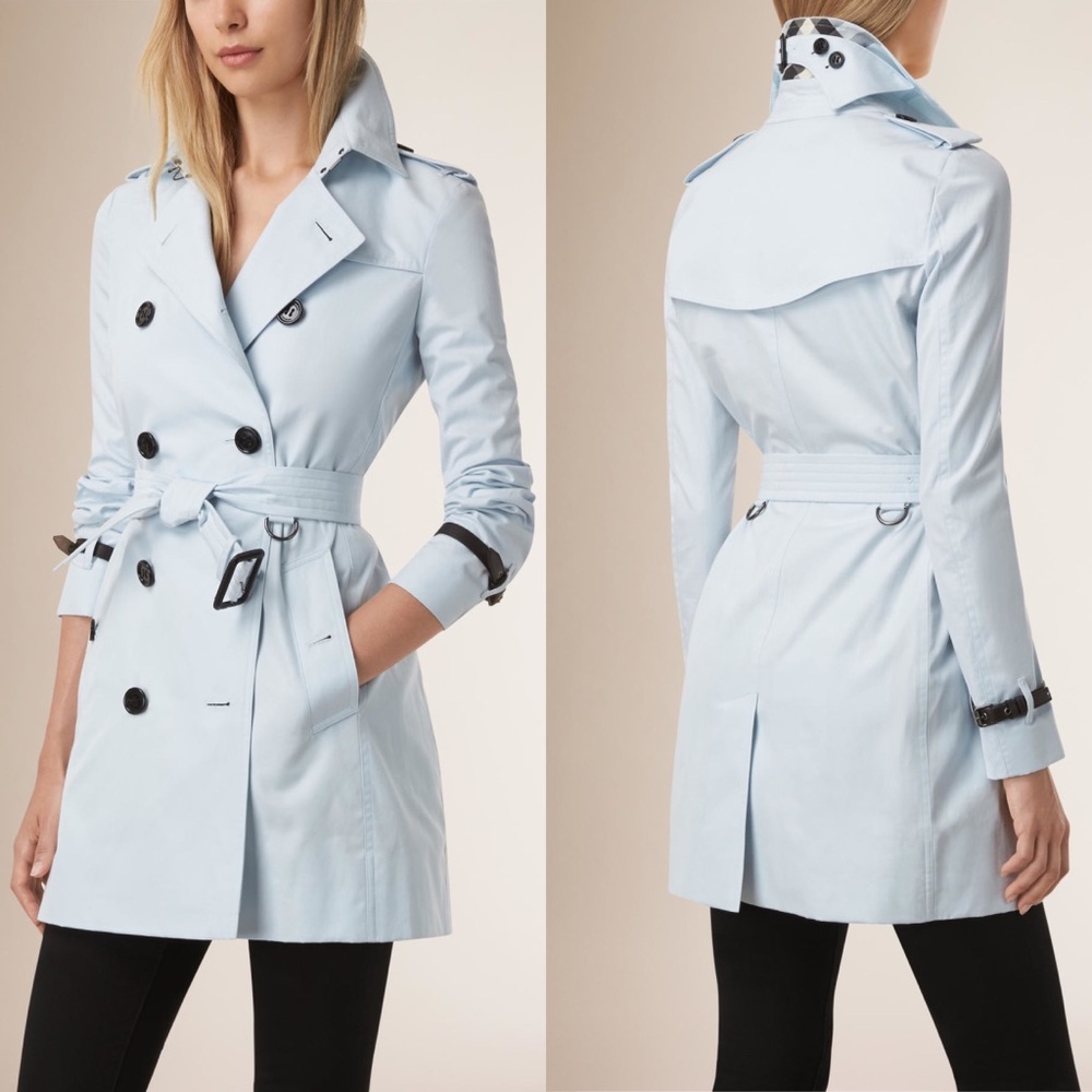 NWT Burberry Pale Blue Leather Trim Trench Coat